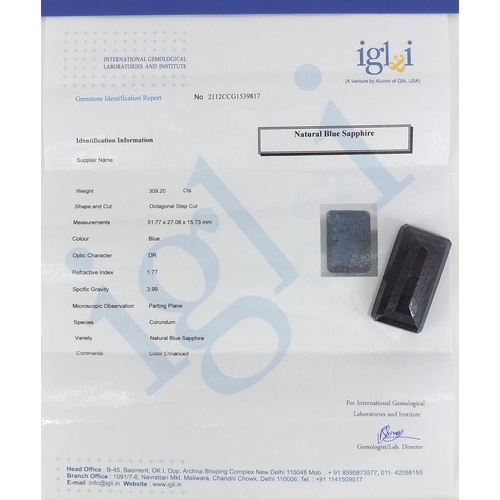 1863 - Large octagonal blue sapphire gemstone with certificate, approximately 309.20 carat