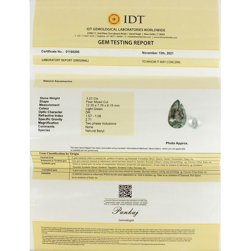 1997 - Pear cut aquamarine gemstone with certificate, approximately 3.23 carat