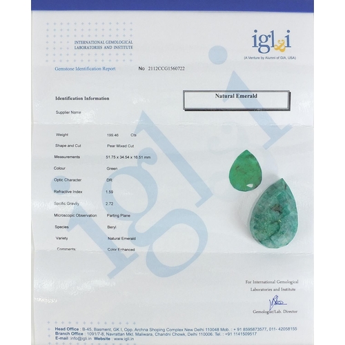 1877 - Large pear cut emerald gemstone with certificate, approximately 199.46 carat