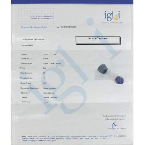 1870 - Rough blue tanzanite gemstone with certificate, approximately 15.96 carat