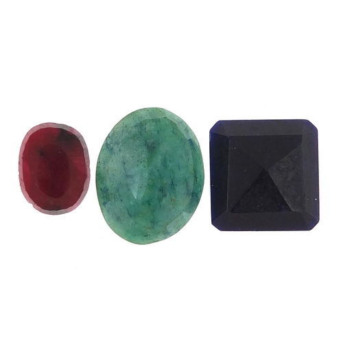 1905 - Three gemstones with certificates comprising emerald beryl 15.750 carat, oval ruby 7.850 carat and o... 