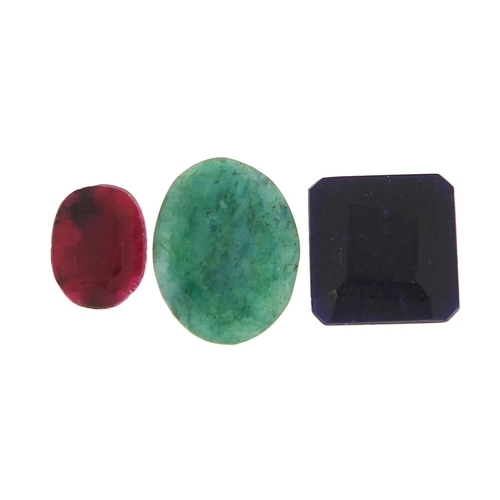 1905 - Three gemstones with certificates comprising emerald beryl 15.750 carat, oval ruby 7.850 carat and o... 