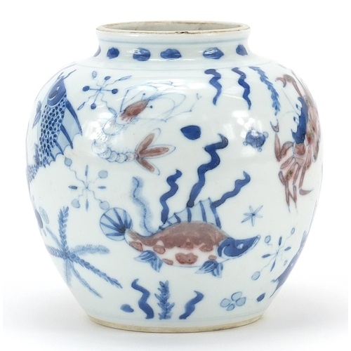 28 - Chinese blue and white with iron red porcelain vase hand painted with fish amongst aquatic life, six... 