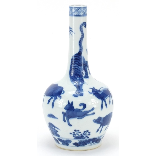 1216 - Chinese blue and white porcelain vase hand painted with animals, four figure character marks to the ... 