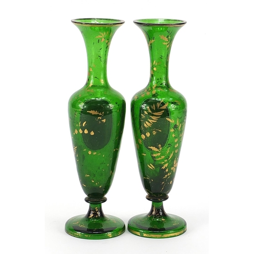 272 - Pair of 19th century Bohemian green glass vases with oval portrait medallions of young females, each... 