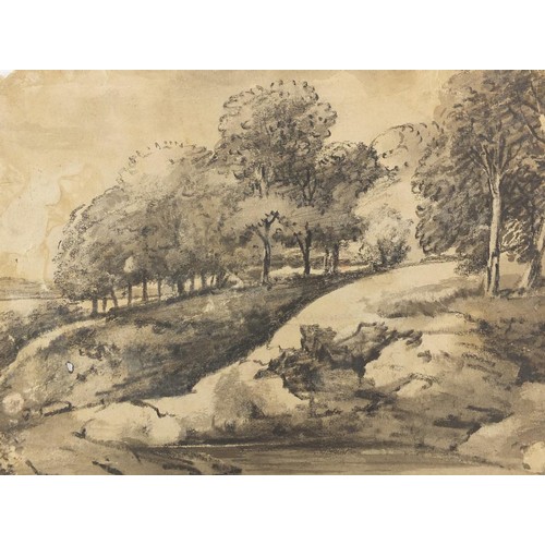 783 - Manner of Thomas Gainsborough - Wooded landscapes, buildings and water, four 18th/19th century Engli... 