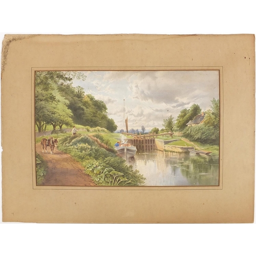 769 - Canal lock with figures, 19th century watercolour, monogrammed S T and inscribed verso Harry Sleath,... 