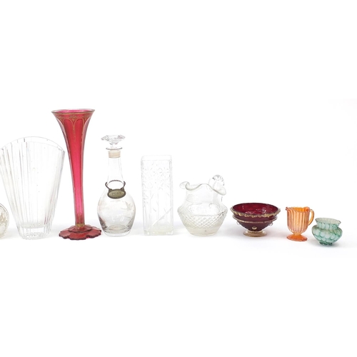 1141 - Victorian and later glassware including large Bohemian design overlaid vase, jugs and vases. the lar... 