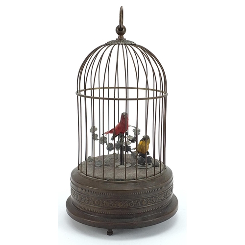 405 - Early 20th century brass clockwork automaton musical bird cage, 28cm high