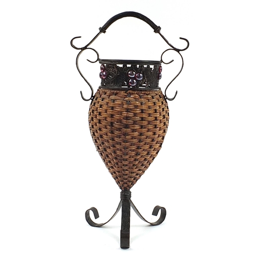 937 - Wicker and wrought metal stick stand, 65cm high