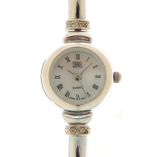 2153 - Carvel, ladies silver wristwatch set with clear stones, 19mm in diameter