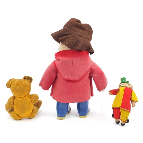 1327A - Vintage Paddington Bear with blue welly boots, golden teddy bear with articulated limbs and a cloth ... 