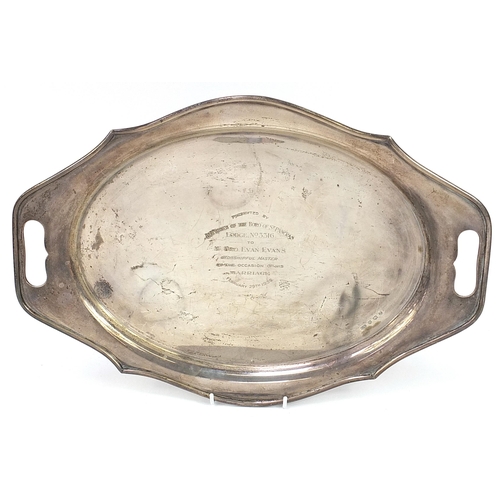 2213 - Viners, George V oval silver tray with twin handles and engraved masonic interest presentation inscr... 