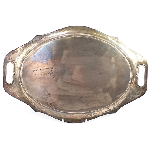 2213 - Viners, George V oval silver tray with twin handles and engraved masonic interest presentation inscr... 