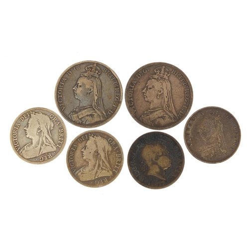 1575 - George III and later British coinage comprising 1889 and 1891 crowns and 1817, 1887, 1898 and 1899 h... 