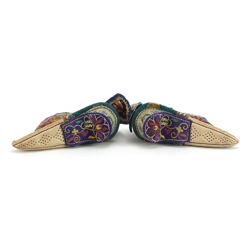 291 - Pair of Chinese silk lotus shoes embroidered with flowers, each 11cm in length