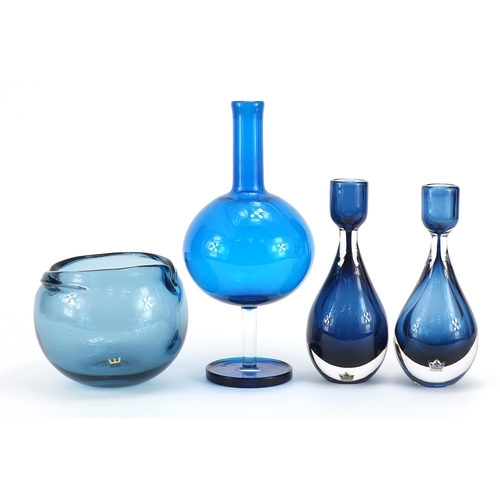 471 - Kosta Boda, Swedish glassware including pair of candleholders, decanter and vase, the largest 25cm h... 