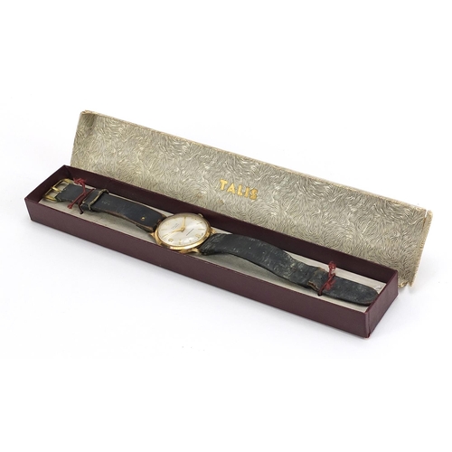 1715 - Talis, gentlemen's 9ct gold wristwatch with box, 33mm in diameter