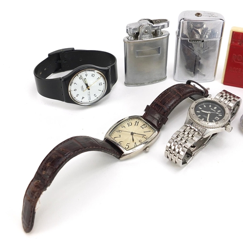 1114A - Vintage and later wristwatches and pocket lighters including two Swatch wristwatches and Ronson ligh... 