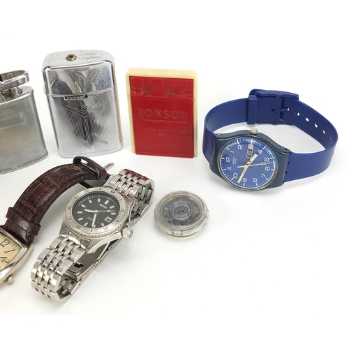 1114A - Vintage and later wristwatches and pocket lighters including two Swatch wristwatches and Ronson ligh... 