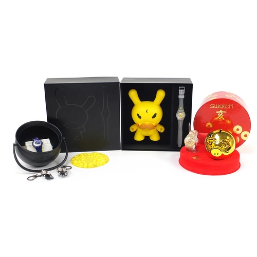 2182 - Swatch, three Swatch Collector's Club wristwatch sets comprising Kidrobot, Chinese Gold Pig and Loom... 