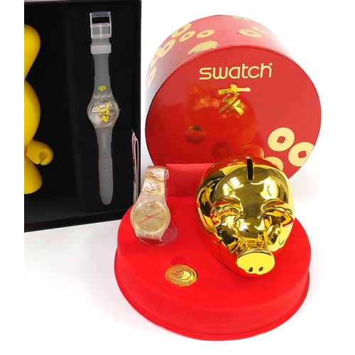 2182 - Swatch, three Swatch Collector's Club wristwatch sets comprising Kidrobot, Chinese Gold Pig and Loom... 