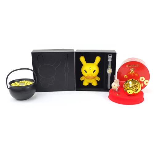 2182 - Swatch, three Swatch Collector's Club wristwatch sets comprising Kidrobot, Chinese Gold Pig and Loom... 