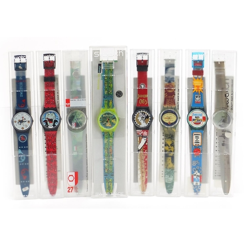 2210 - Swatch, eight Swatch wristwatches with cases including Billy Shake and Stir, Nice Popsies and Jodebo... 