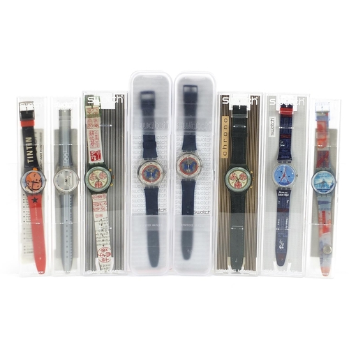 2208 - Swatch, eight Swatch wristwatches with cases including Eiffel Tower and Tintin