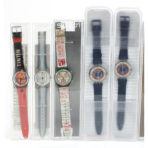 2208 - Swatch, eight Swatch wristwatches with cases including Eiffel Tower and Tintin