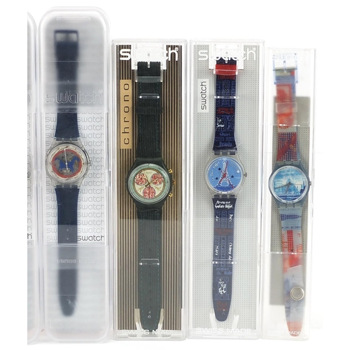 2208 - Swatch, eight Swatch wristwatches with cases including Eiffel Tower and Tintin