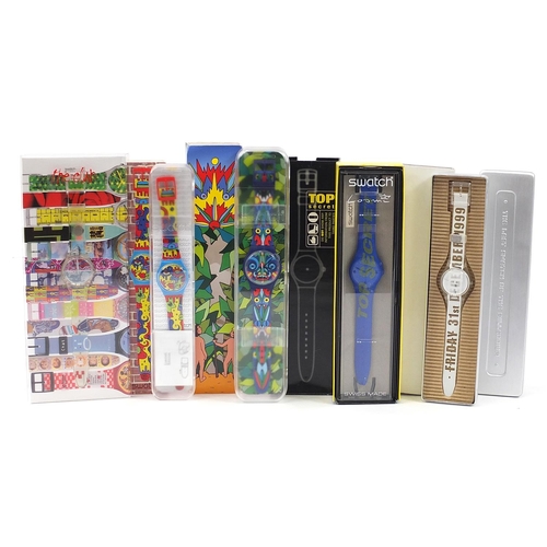 2212 - Swatch, five Collector's Club Swatch wristwatches with boxes including The Last Swatch Watch of the ... 