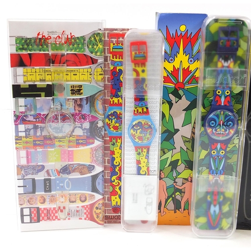 2212 - Swatch, five Collector's Club Swatch wristwatches with boxes including The Last Swatch Watch of the ... 