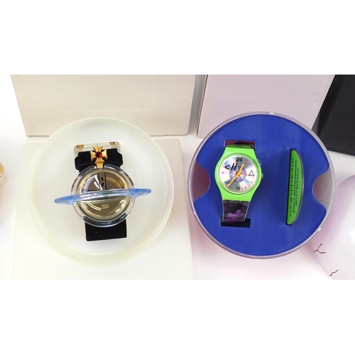 2183 - Swatch, three Swatch wristwatches with boxes including Vivienne Westward Orb