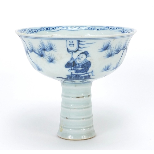 479 - Chinese blue and white porcelain stem bowl hand painted with warriors, 11cm high x 12.5cm in diamete... 