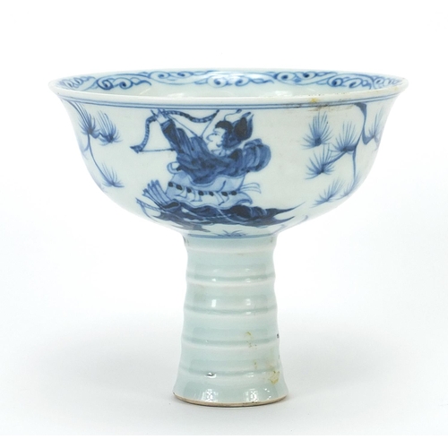 479 - Chinese blue and white porcelain stem bowl hand painted with warriors, 11cm high x 12.5cm in diamete... 