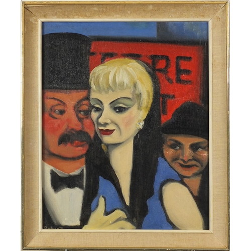 784 - Three figures before a cafe, oil on board, mounted and framed, 49cm x 40cm excluding the mount and f... 