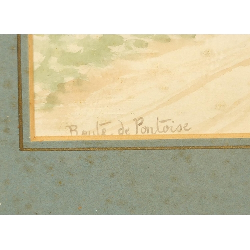 767 - Horse and cart on a path, French school watercolour, chalk marks and The Rowley Gallery label verso,... 