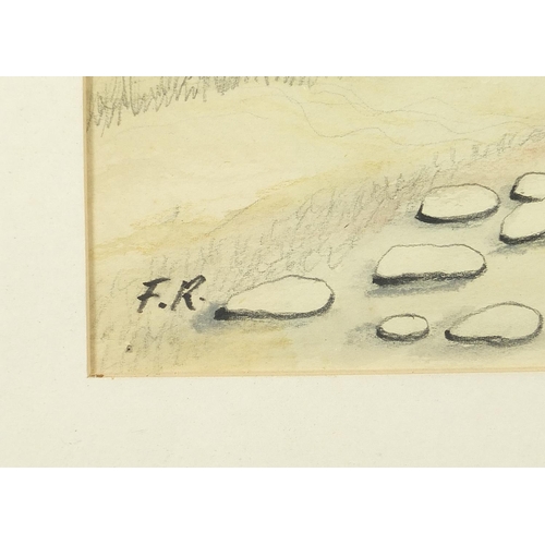 788 - Harbour scene with moored boats, surreal watercolour and pencil, bearing a monogram F R, mounted, fr... 