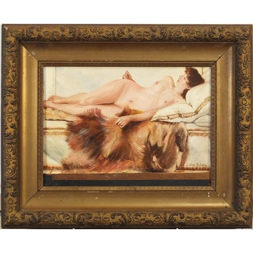 762 - After Lawrence Alma Tadema - Reclining nude female, oil on board, mounted and framed, 35.5cm x 22.5c... 