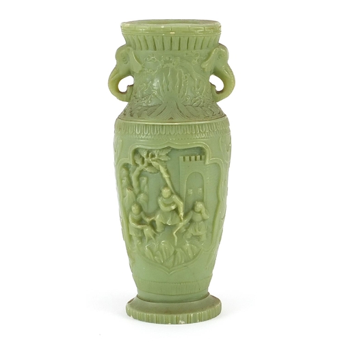 1192 - Modern Chinese jade style vase with elephant head handles, 24cm high