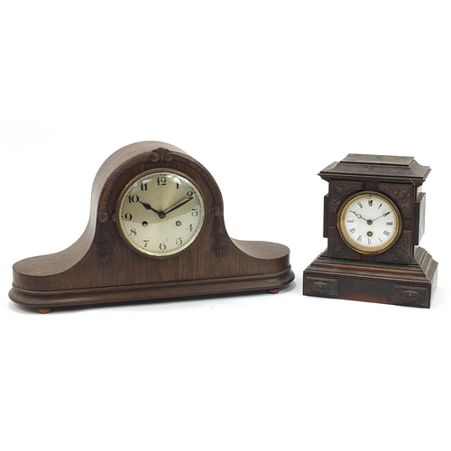 1256 - Oak cased Napoleon hat shaped striking mantle clock and one other with enamelled dial, the largest 5... 