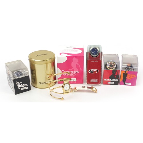 2195 - Swatch, five 007 Swatch Collector's Club wristwatches with boxes and cases including 007 40th Annive... 