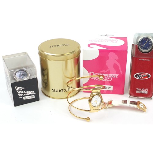 2195 - Swatch, five 007 Swatch Collector's Club wristwatches with boxes and cases including 007 40th Annive... 