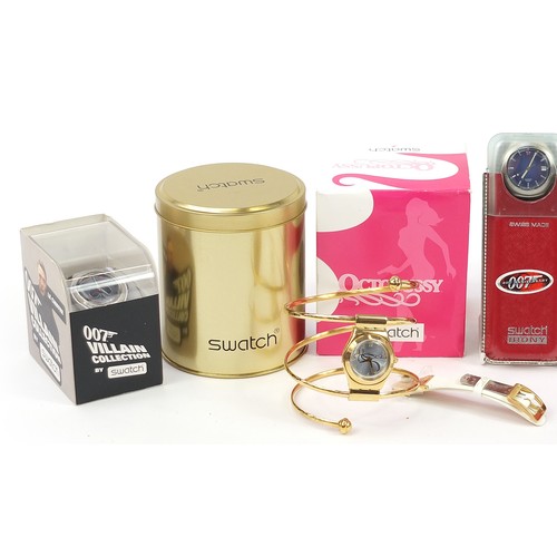 2195 - Swatch, five 007 Swatch Collector's Club wristwatches with boxes and cases including 007 40th Annive... 