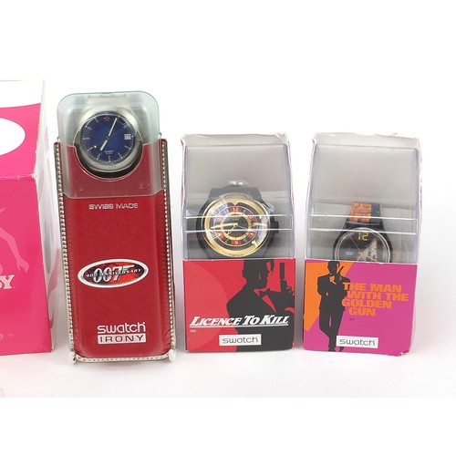 2195 - Swatch, five 007 Swatch Collector's Club wristwatches with boxes and cases including 007 40th Annive... 