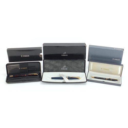 106 - Three Parker ballpoint pens with cases and boxes comprising two Sonnet and one Ellipse