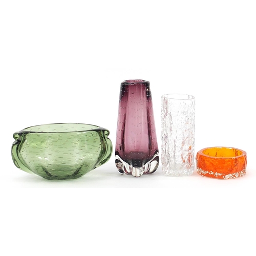 472 - Art glassware including a Whitefriars tangerine dish and green vase with handles and controlled bubb... 