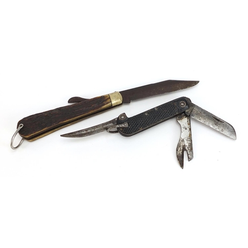 2338 - Two folding knives/multi tools including a hunting example with stag horn handle, the largest 23cm i... 