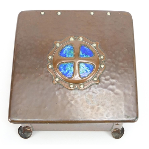 465 - Cambray, Arts & Crafts hammered copper casket with enamelled hinged lid, 6cm H x 12.5cm W x 12.5cm D